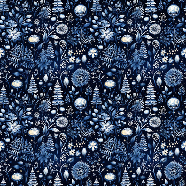 delft blue, navy blue, white, cream, winter pattern, floral motifs, evergreen trees, ornamental flowers, folk art style, botanical design, decorative ornaments, scandinavian inspired,, fabric panel, seamless pattern, intricate details, winter theme, stylized florals, blue and white, repeating design