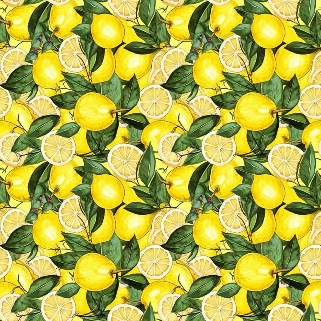 yellow, bright green, lemon pattern, citrus fruit, lemon slices, botanical leaves, repeating pattern,, fabric panel, cheerful mood, summer theme, kitchen theme, fruit motif, seamless design, vibrant colors, fresh citrus, watercolor style, cooking theme, sunny disposition