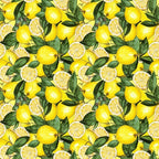 yellow, bright green, lemon pattern, citrus fruit, lemon slices, botanical leaves, repeating pattern,, fabric panel, cheerful mood, summer theme, kitchen theme, fruit motif, seamless design, vibrant colors, fresh citrus, watercolor style, cooking theme, sunny disposition