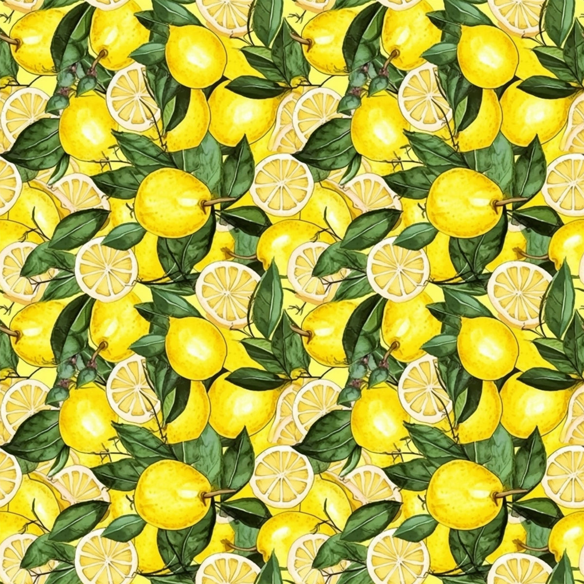 yellow, bright green, lemon pattern, citrus fruit, lemon slices, botanical leaves, repeating pattern,, fabric panel, cheerful mood, summer theme, kitchen theme, fruit motif, seamless design, vibrant colors, fresh citrus, watercolor style, cooking theme, sunny disposition