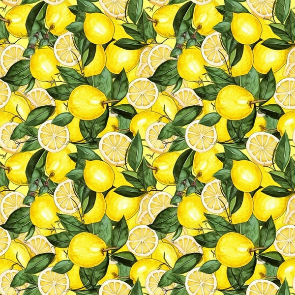 yellow, bright green, lemon pattern, citrus fruit, lemon slices, botanical leaves, repeating pattern,, fabric panel, cheerful mood, summer theme, kitchen theme, fruit motif, seamless design, vibrant colors, fresh citrus, watercolor style, cooking theme, sunny disposition