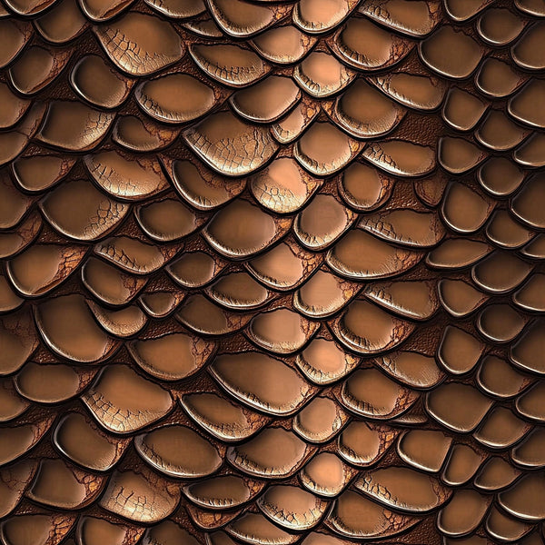brown, copper, bronze, reptile scales, snake skin pattern, overlapping scales, textured surface, dimensional effect, western theme, rustic, leather-like appearance,, fabric panel, earthy tones, natural pattern, reptilian texture, overlapping design, bronze metallic, western motif, scales pattern