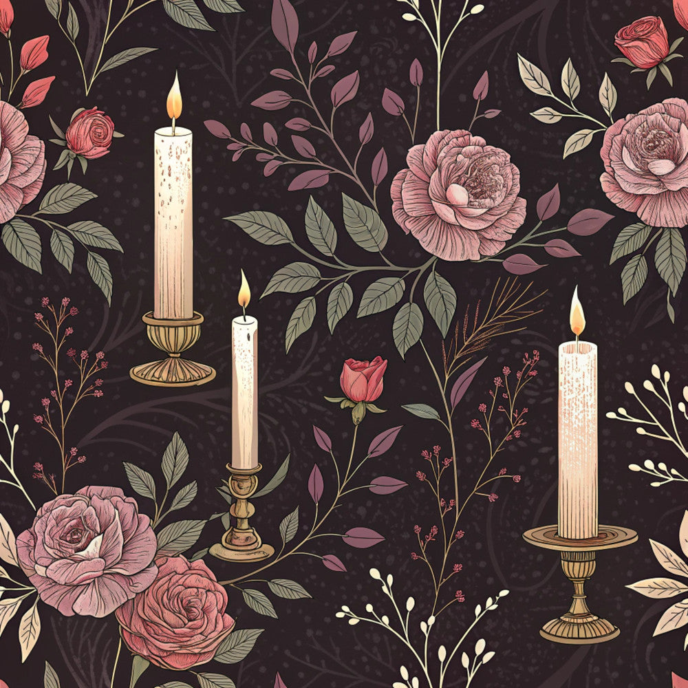dusty rose, mauve, cream, gold, dark brown, black, floral, botanical, roses, peonies, candles, vintage, elegant, romantic, traditional, nature, leaves, branches, berries, cottage core, timeless, classic, sophisticated, wedding, anniversary, luxe, moody, dark academia, ornate candlesticks, botanical illustration