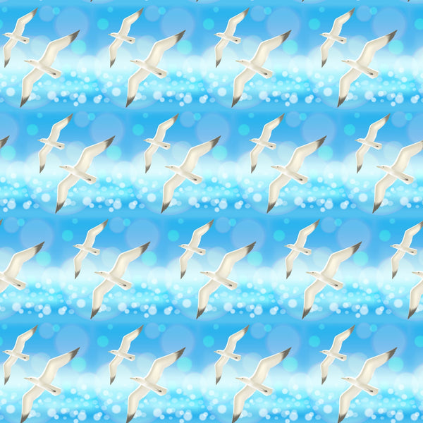 sky blue, white, seagulls, birds in flight, ocean sparkles, water reflections, repeating pattern, summer theme, coastal scene,, fabric panel, beach motif, nautical design, flying birds, azure blue, light blue, seaside atmosphere, marine life, summer vacation, ocean waves
