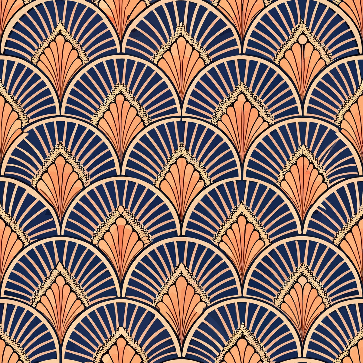 art deco, geometric pattern, fan motif, scalloped design, navy blue, coral orange, peach, cream, radiating lines, repeating pattern, vintage style, 1920s inspired, elegant curves, overlapping scales,, fabric panel, sophisticated design, ornate details, luxurious feel, decorative motifs