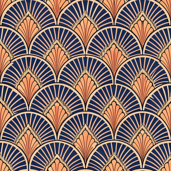 art deco, geometric pattern, fan motif, scalloped design, navy blue, coral orange, peach, cream, radiating lines, repeating pattern, vintage style, 1920s inspired, elegant curves, overlapping scales,, fabric panel, sophisticated design, ornate details, luxurious feel, decorative motifs
