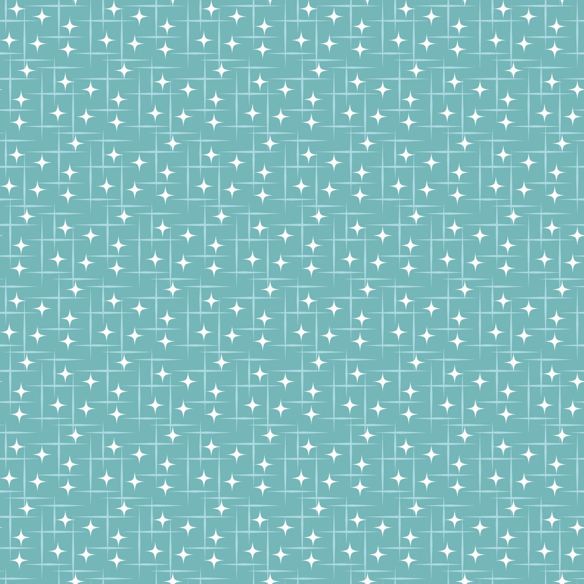 turquoise, teal, white, atomic starburst, mid-century modern, retro pattern, geometric stars, diamond shapes, repeating motif, grid layout, sparkle design, vintage style,, fabric panel, crafting material, nostalgic feel, 1950s inspired, celestial motifs, decorative stars