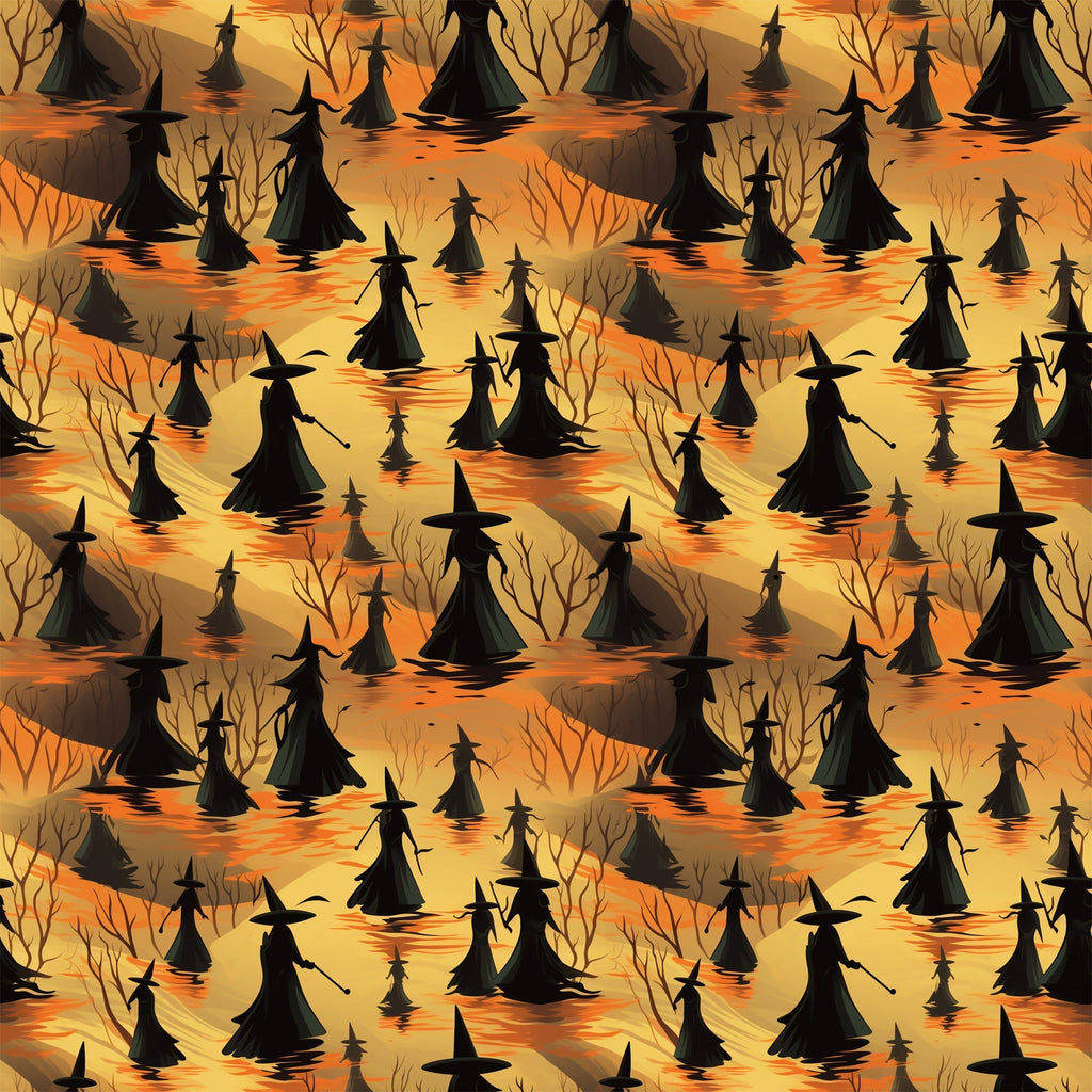 halloween fabric, witches, silhouettes, orange, yellow, amber, black, pointed hats, broomsticks, bare trees, spooky atmosphere, autumn colors, seamless pattern,, fabric panel, witch figures, halloween motif, seasonal fabric, craft material, repetitive design