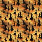 halloween fabric, witches, silhouettes, orange, yellow, amber, black, pointed hats, broomsticks, bare trees, spooky atmosphere, autumn colors, seamless pattern,, fabric panel, witch figures, halloween motif, seasonal fabric, craft material, repetitive design