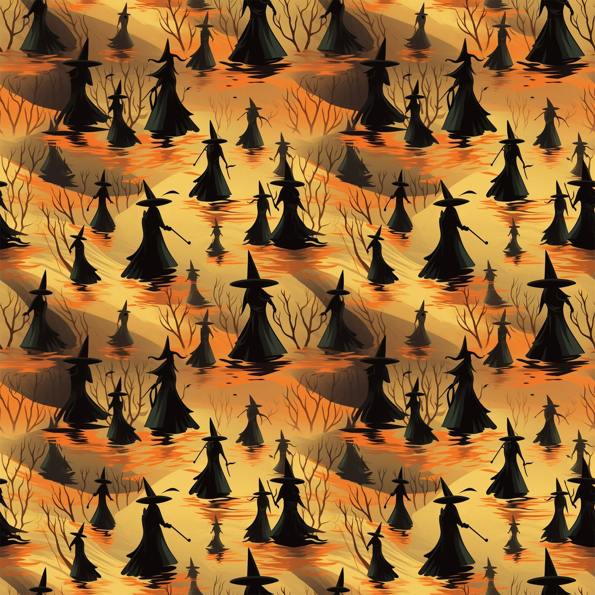 halloween fabric, witches, silhouettes, orange, yellow, amber, black, pointed hats, broomsticks, bare trees, spooky atmosphere, autumn colors, seamless pattern,, fabric panel, witch figures, halloween motif, seasonal fabric, craft material, repetitive design