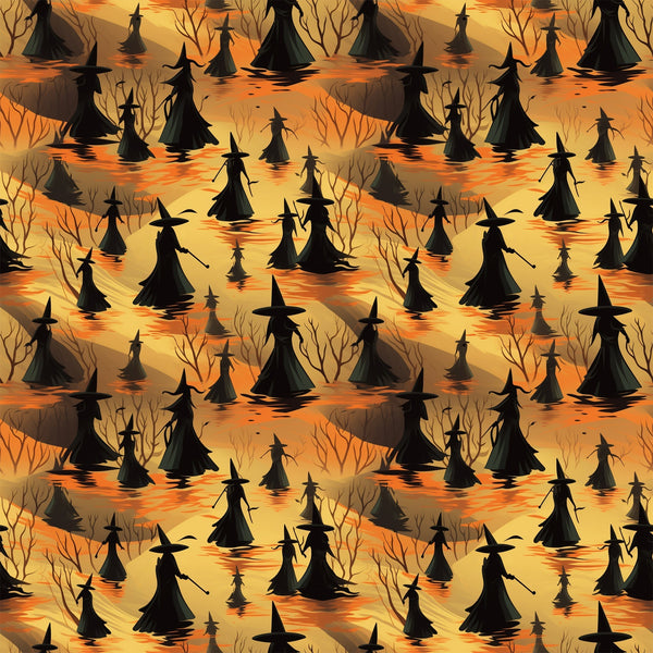 halloween fabric, witches, silhouettes, orange, yellow, amber, black, pointed hats, broomsticks, bare trees, spooky atmosphere, autumn colors, seamless pattern,, fabric panel, witch figures, halloween motif, seasonal fabric, craft material, repetitive design