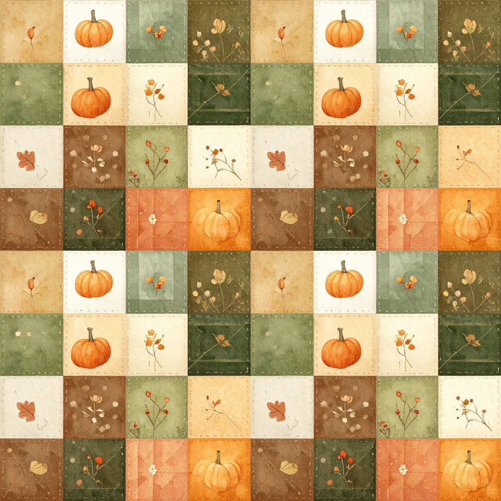 autumn, fall, pumpkin, harvest, thanksgiving, orange, cream, beige, tan, sage green, olive green, brown, rust, patchwork, quilt, botanical, floral, nature, vintage, rustic, farmhouse, whimsical, folk art, seed pods, leaves, berries, dried flowers, cottage core, seasonal, natural
