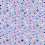 purple background, school supplies, mathematical symbols, plus signs, crosses, colorful icons, scattered pattern, geometric shapes, educational theme,, fabric panel, back to school, whimsical design, multi-colored elements, academic motifs, learning symbols, craft fabric, sewing material, children's fabric, playful pattern
