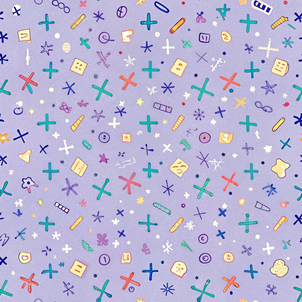 purple background, school supplies, mathematical symbols, plus signs, crosses, colorful icons, scattered pattern, geometric shapes, educational theme,, fabric panel, back to school, whimsical design, multi-colored elements, academic motifs, learning symbols, craft fabric, sewing material, children's fabric, playful pattern