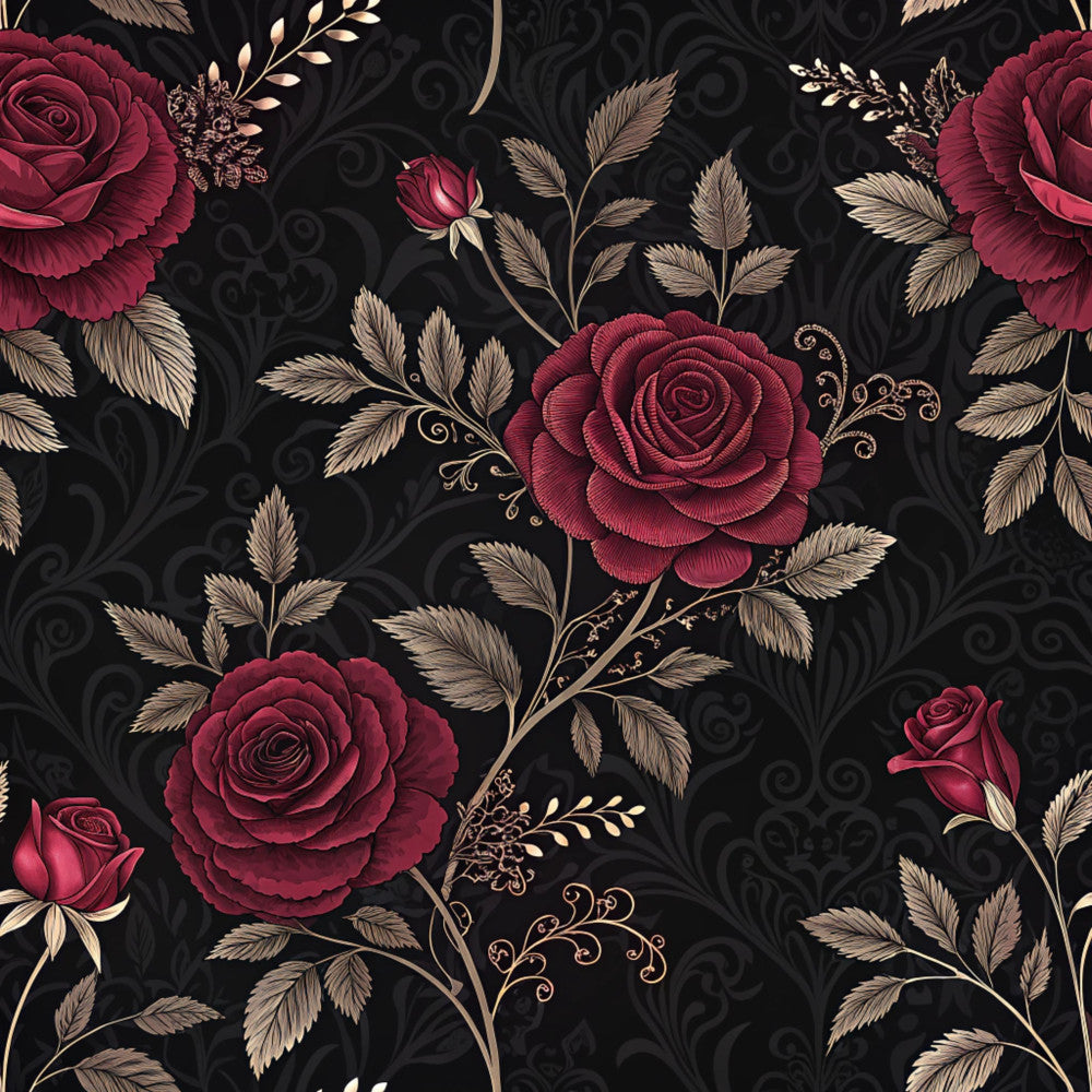 burgundy roses, deep red flowers, black background, gold accents, taupe leaves, dark romantic, floral pattern, rose motifs, vintage style, elegant design, traditional floral, ornate leaves, botanical theme, luxury aesthetic, damask background, romantic flowers, wine red blooms, cream foliage, nature inspired, victorian style, classic roses, sophisticated pattern, formal design, decorative scrolls, spring flowers, garden theme, timeless elegance