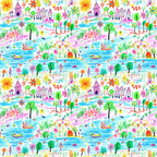 crayon drawing, child art style, whimsical landscape, bright colors, rainbow palette, houses, trees, boats, flowers, sun, water scene, playful design,, repeating pattern, colorful illustration, naive art, 童趣风格, fabric panel, cheerful motifs, nature elements