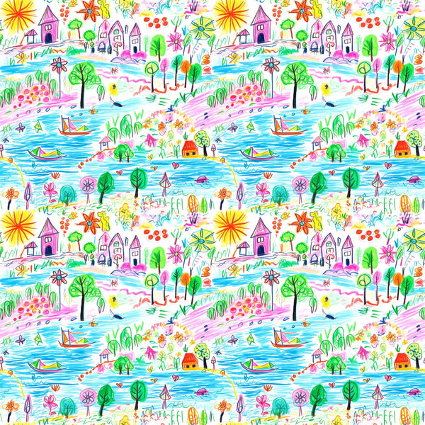crayon drawing, child art style, whimsical landscape, bright colors, rainbow palette, houses, trees, boats, flowers, sun, water scene, playful design,, repeating pattern, colorful illustration, naive art, 童趣风格, fabric panel, cheerful motifs, nature elements