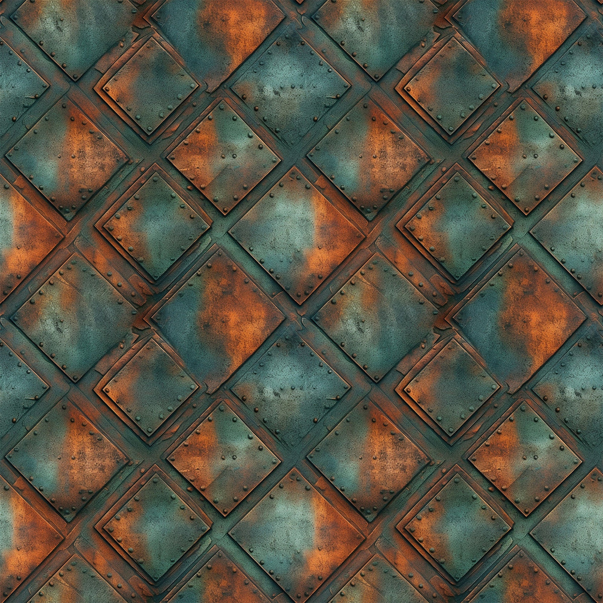 rusted metal, copper orange, teal green, weathered texture, industrial pattern, geometric squares, oxidized surface, steampunk style, metallic patina, riveted panels, aged iron, corroded finish,, fabric panel, distressed metal, vintage industrial, rust stains, metal plating, overlapping squares, antique copper
