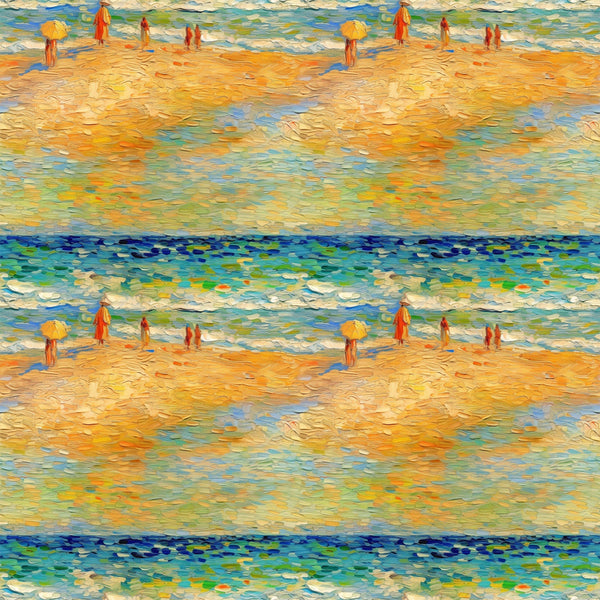 beach scene, ocean waves, golden sand, yellow umbrella, impressionist style, post-impressionist, brushstroke texture, blue water, orange figures, warm palette, seaside painting, artistic reproduction, cotton fabric, quilting panel, summer theme, coastal scene, painterly effect, vibrant colors, seascape pattern