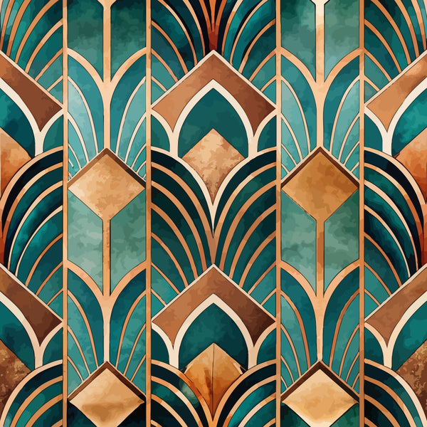 teal, emerald green, copper, bronze, gold, art deco, geometric pattern, fan motifs, scalloped arches, diamond shapes, repeating design, vintage style, 1920s inspired, elegant, luxurious,, fabric panel, stylized leaves, ornamental, sophisticated
