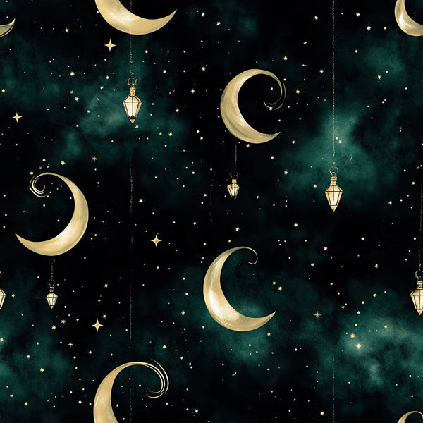 celestial, night sky, moons, stars, lanterns, teal, deep teal, forest green, cream, gold, ivory, whimsical, magical, dreamy, elegant, vintage, moon phases, hanging lanterns, starry night, dark teal background, boho, bohemian, nursery, baby blanket, throw fabric, bedding, twilight, midnight, enchanted, sophisticated