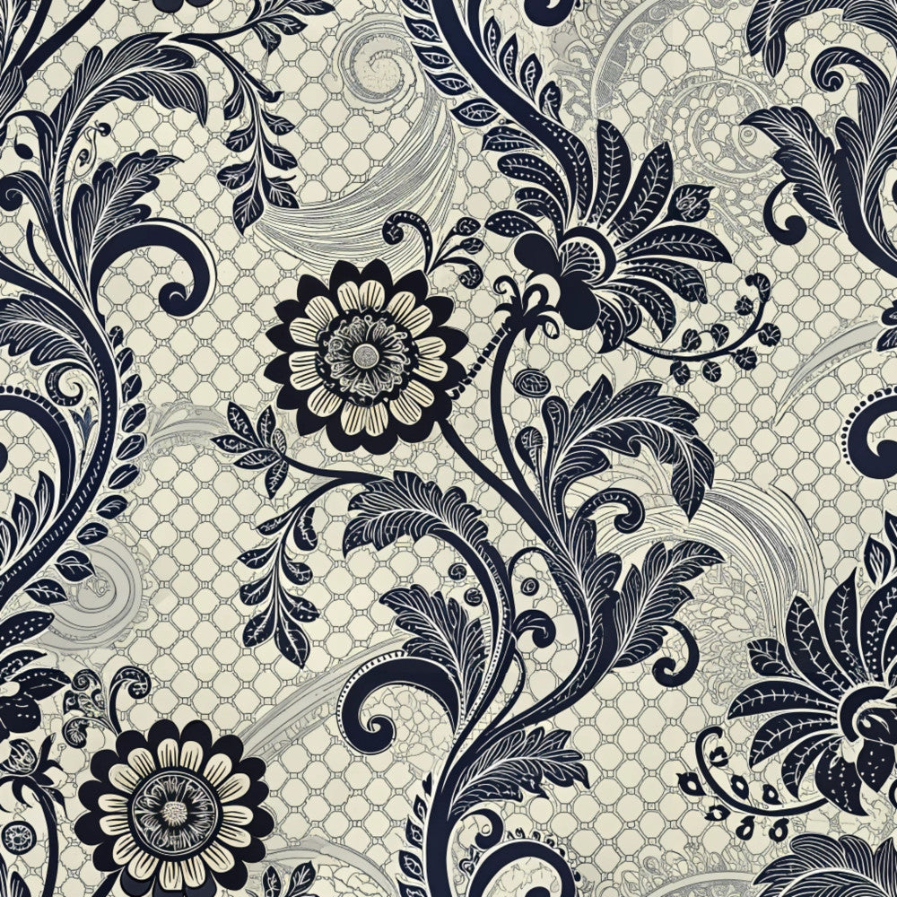 navy blue, cream, ivory, floral, damask, paisley, vintage, elegant, traditional, ornate, scrollwork, leaves, flowers, botanical, classic, sophisticated, timeless, decorative, romantic, victorian, formal, luxurious, intricate, detailed, patterned