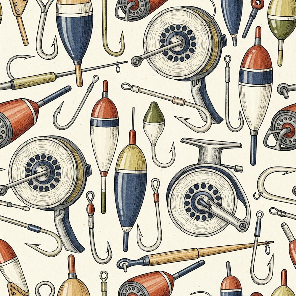 fishing, vintage fishing, nautical, fishing poles, fishing reels, fishing hooks, bobbers, lures, fish tackle, vintage sport, outdoor recreation, cream, navy blue, rust red, sage green, tan, traditional, rustic, whimsical, masculine, sportsman, fishing enthusiast, hobby, recreational fishing, retro design, line art, detailed illustration, fishing gear, tackle box, angler