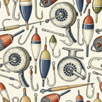 fishing, vintage fishing, nautical, fishing poles, fishing reels, fishing hooks, bobbers, lures, fish tackle, vintage sport, outdoor recreation, cream, navy blue, rust red, sage green, tan, traditional, rustic, whimsical, masculine, sportsman, fishing enthusiast, hobby, recreational fishing, retro design, line art, detailed illustration, fishing gear, tackle box, angler