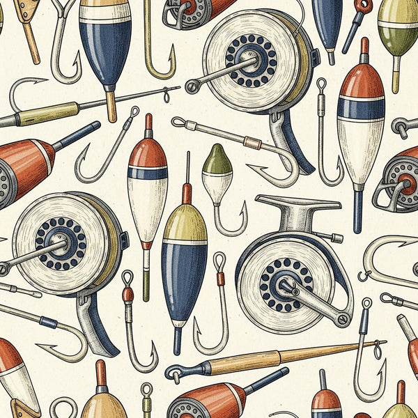 fishing, vintage fishing, nautical, fishing poles, fishing reels, fishing hooks, bobbers, lures, fish tackle, vintage sport, outdoor recreation, cream, navy blue, rust red, sage green, tan, traditional, rustic, whimsical, masculine, sportsman, fishing enthusiast, hobby, recreational fishing, retro design, line art, detailed illustration, fishing gear, tackle box, angler