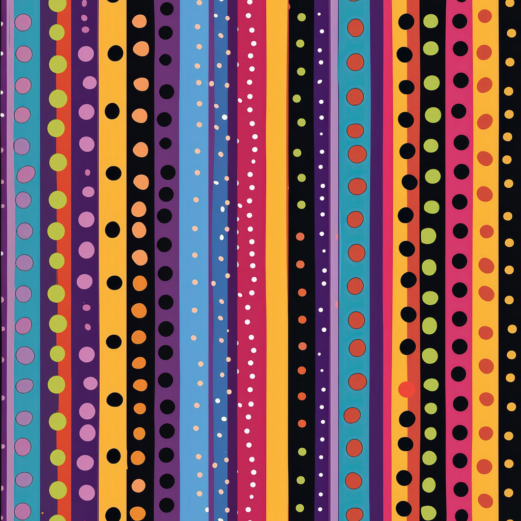 colorful stripes, polka dots, vertical stripes, purple, orange, teal, pink, yellow, black, red, blue, geometric pattern, bright colors, rainbow stripes, circular dots,, fabric panel, vibrant design, multicolored, contemporary pattern, cheerful mood