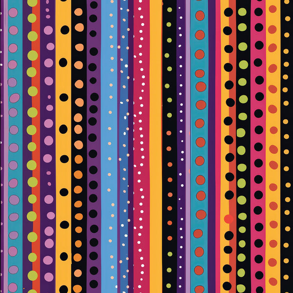 colorful stripes, polka dots, vertical stripes, purple, orange, teal, pink, yellow, black, red, blue, geometric pattern, bright colors, rainbow stripes, circular dots,, fabric panel, vibrant design, multicolored, contemporary pattern, cheerful mood
