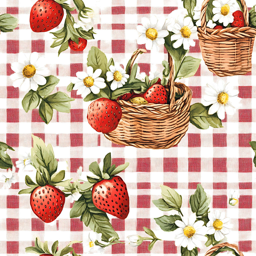 strawberry gingham, red and white, checkered pattern, wicker baskets, white daisies, green leaves,, fabric panel, picnic theme, botanical design, summer motif, country style, cottage core, fresh fruit, floral elements, rustic charm, vintage inspired, cheerful mood, kitchen fabric, crafting material