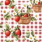 strawberry gingham, red and white, checkered pattern, wicker baskets, white daisies, green leaves,, fabric panel, picnic theme, botanical design, summer motif, country style, cottage core, fresh fruit, floral elements, rustic charm, vintage inspired, cheerful mood, kitchen fabric, crafting material