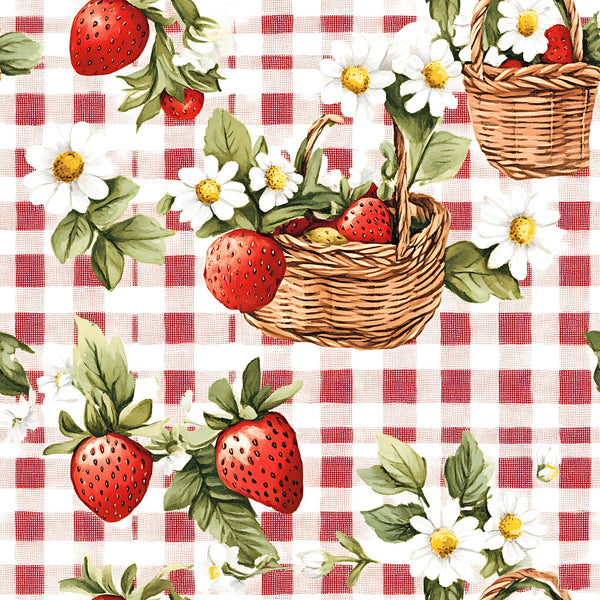 strawberry gingham, red and white, checkered pattern, wicker baskets, white daisies, green leaves,, fabric panel, picnic theme, botanical design, summer motif, country style, cottage core, fresh fruit, floral elements, rustic charm, vintage inspired, cheerful mood, kitchen fabric, crafting material