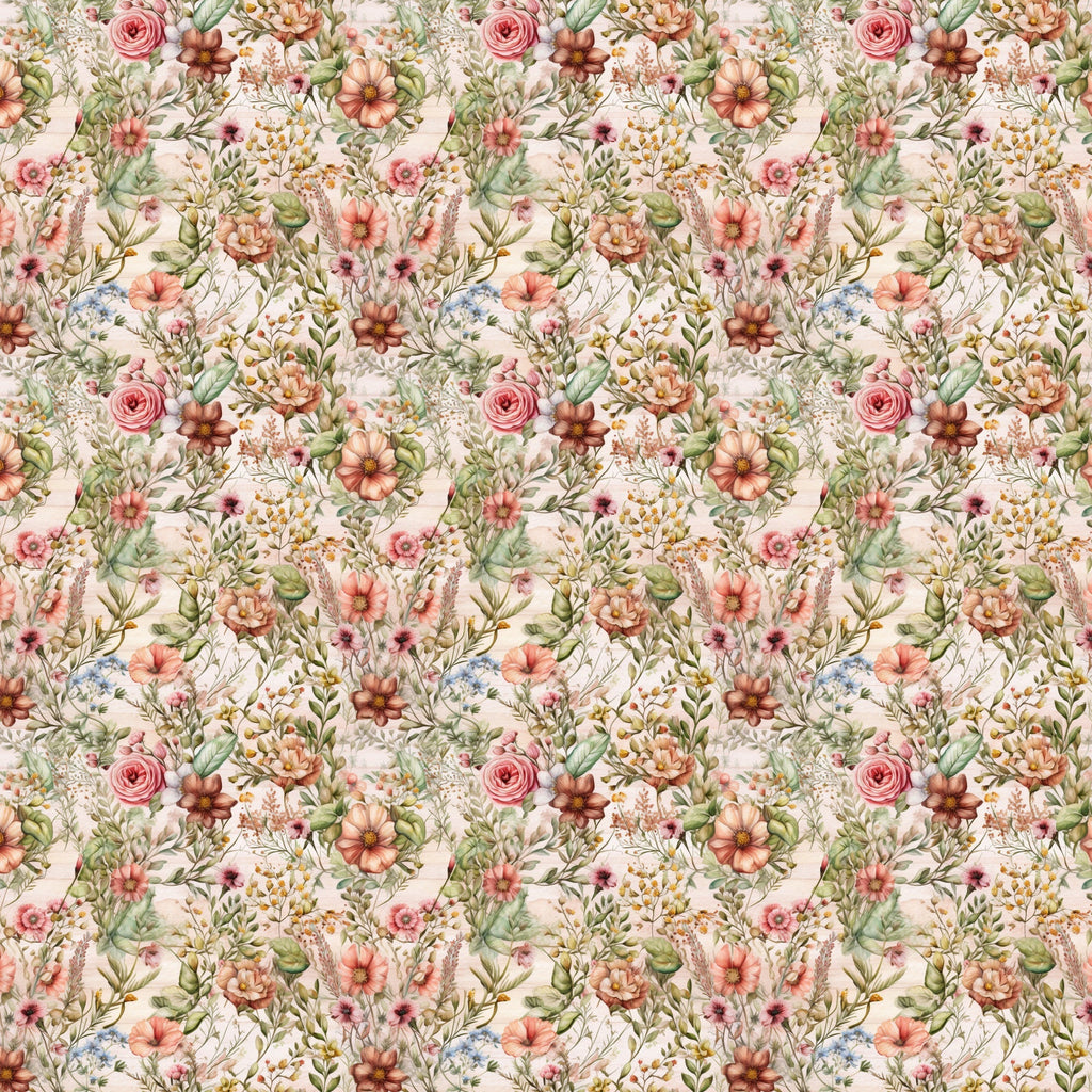 floral pattern, botanical design, pink roses, coral flowers, peach blooms, green leaves, cream background, wildflower meadow, cottage garden, vintage florals,, fabric panel, romantic style, spring flowers, delicate petals, garden bouquet, soft pastels, repeating motif, nature inspired, whimsical blooms