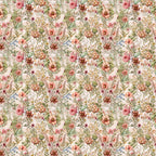 floral pattern, botanical design, pink roses, coral flowers, peach blooms, green leaves, cream background, wildflower meadow, cottage garden, vintage florals,, fabric panel, romantic style, spring flowers, delicate petals, garden bouquet, soft pastels, repeating motif, nature inspired, whimsical blooms