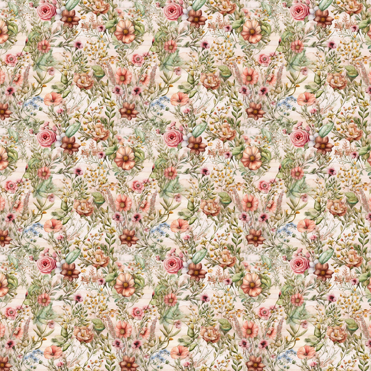 floral pattern, botanical design, pink roses, coral flowers, peach blooms, green leaves, cream background, wildflower meadow, cottage garden, vintage florals,, fabric panel, romantic style, spring flowers, delicate petals, garden bouquet, soft pastels, repeating motif, nature inspired, whimsical blooms
