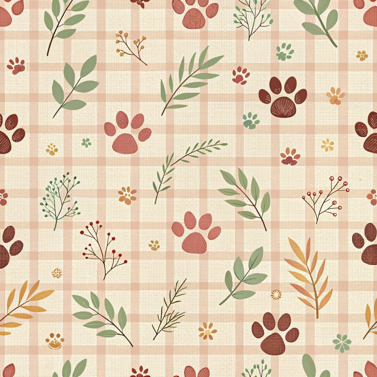 dog paws, paw prints, botanical leaves, nature motifs, beige background, coral pink, sage green, terracotta brown, golden yellow, plaid pattern, gingham check,, fabric panel, autumn colors, earthy tones, pet themed, floral sprigs, berries, warm palette, crafting fabric