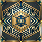 art deco, geometric pattern, gold, teal, navy blue, hexagonal design, radiating lines, sunburst motif, metallic accents, symmetrical design, angular shapes, vintage style, luxurious, ornate pattern,, fabric panel, dimensional effect, intricate details, 1920s inspired