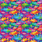 tropical fish, vibrant colors, purple background, rainbow fish, swimming pattern,, fabric panel, ocean theme, aquatic animals, bright pink, electric blue, lime green, yellow orange, seamless repeat, underwater scene, colorful fish, marine life, tropical waters, playful design, swimming motion