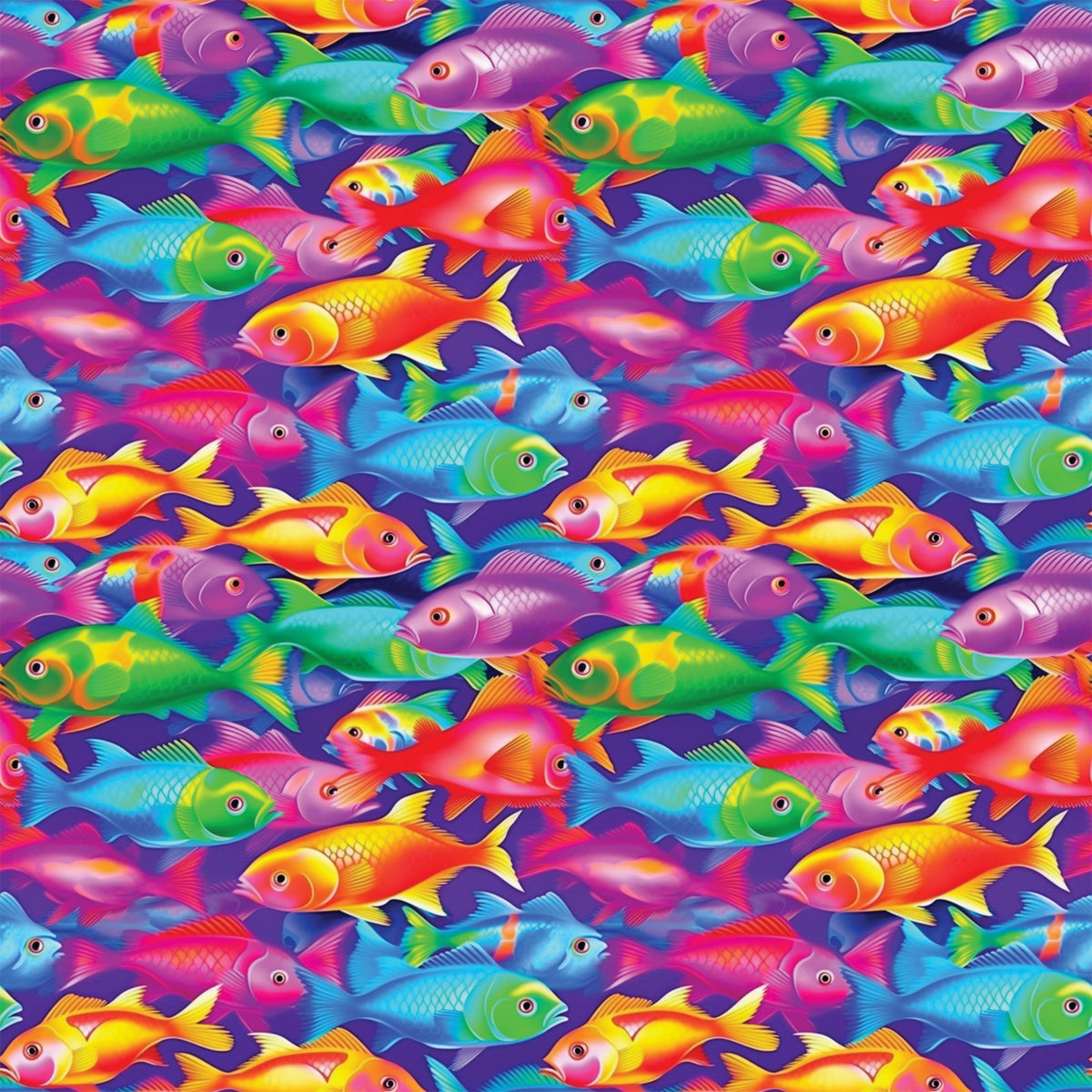 tropical fish, vibrant colors, purple background, rainbow fish, swimming pattern,, fabric panel, ocean theme, aquatic animals, bright pink, electric blue, lime green, yellow orange, seamless repeat, underwater scene, colorful fish, marine life, tropical waters, playful design, swimming motion