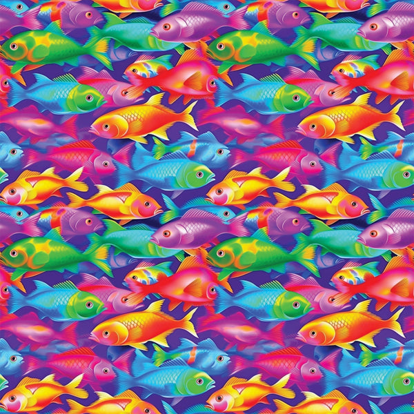 tropical fish, vibrant colors, purple background, rainbow fish, swimming pattern,, fabric panel, ocean theme, aquatic animals, bright pink, electric blue, lime green, yellow orange, seamless repeat, underwater scene, colorful fish, marine life, tropical waters, playful design, swimming motion