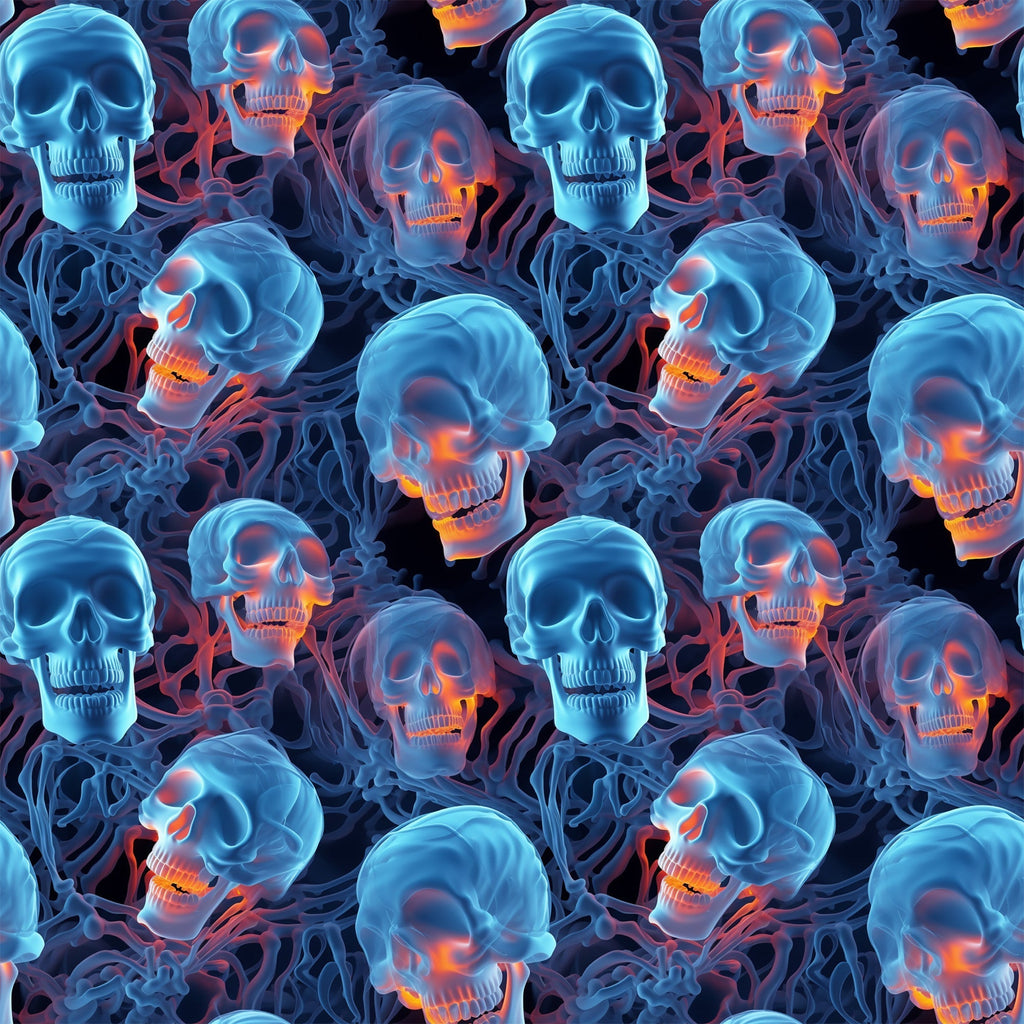 halloween fabric, skulls, skeleton bones, blue tones, orange glow, neon colors, spooky pattern, gothic design, seamless repeat,, fabric panel, dark background, glowing effect, horror theme, october holiday, creepy skulls, bone structure, electric blue, fiery orange, halloween decor