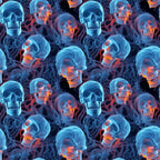 halloween fabric, skulls, skeleton bones, blue tones, orange glow, neon colors, spooky pattern, gothic design, seamless repeat,, fabric panel, dark background, glowing effect, horror theme, october holiday, creepy skulls, bone structure, electric blue, fiery orange, halloween decor