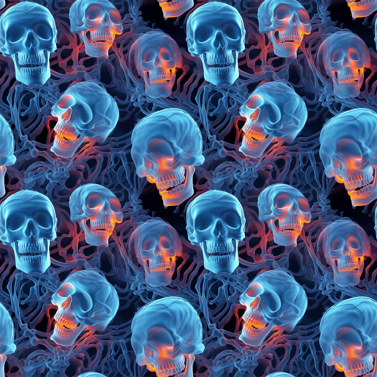 halloween fabric, skulls, skeleton bones, blue tones, orange glow, neon colors, spooky pattern, gothic design, seamless repeat,, fabric panel, dark background, glowing effect, horror theme, october holiday, creepy skulls, bone structure, electric blue, fiery orange, halloween decor