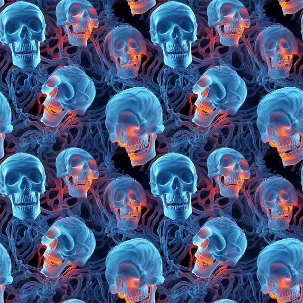 halloween fabric, skulls, skeleton bones, blue tones, orange glow, neon colors, spooky pattern, gothic design, seamless repeat,, fabric panel, dark background, glowing effect, horror theme, october holiday, creepy skulls, bone structure, electric blue, fiery orange, halloween decor