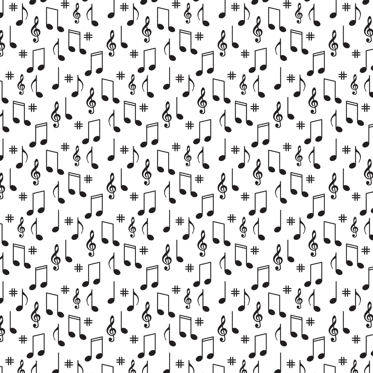 black, white, musical notes, treble clef, sharp symbols, scattered pattern, music theme, monochrome,, fabric panel, random placement, musical symbols, geometric arrangement, repetitive design, vintage style, retro pattern, cotton fabric, crafting material, sewing supplies