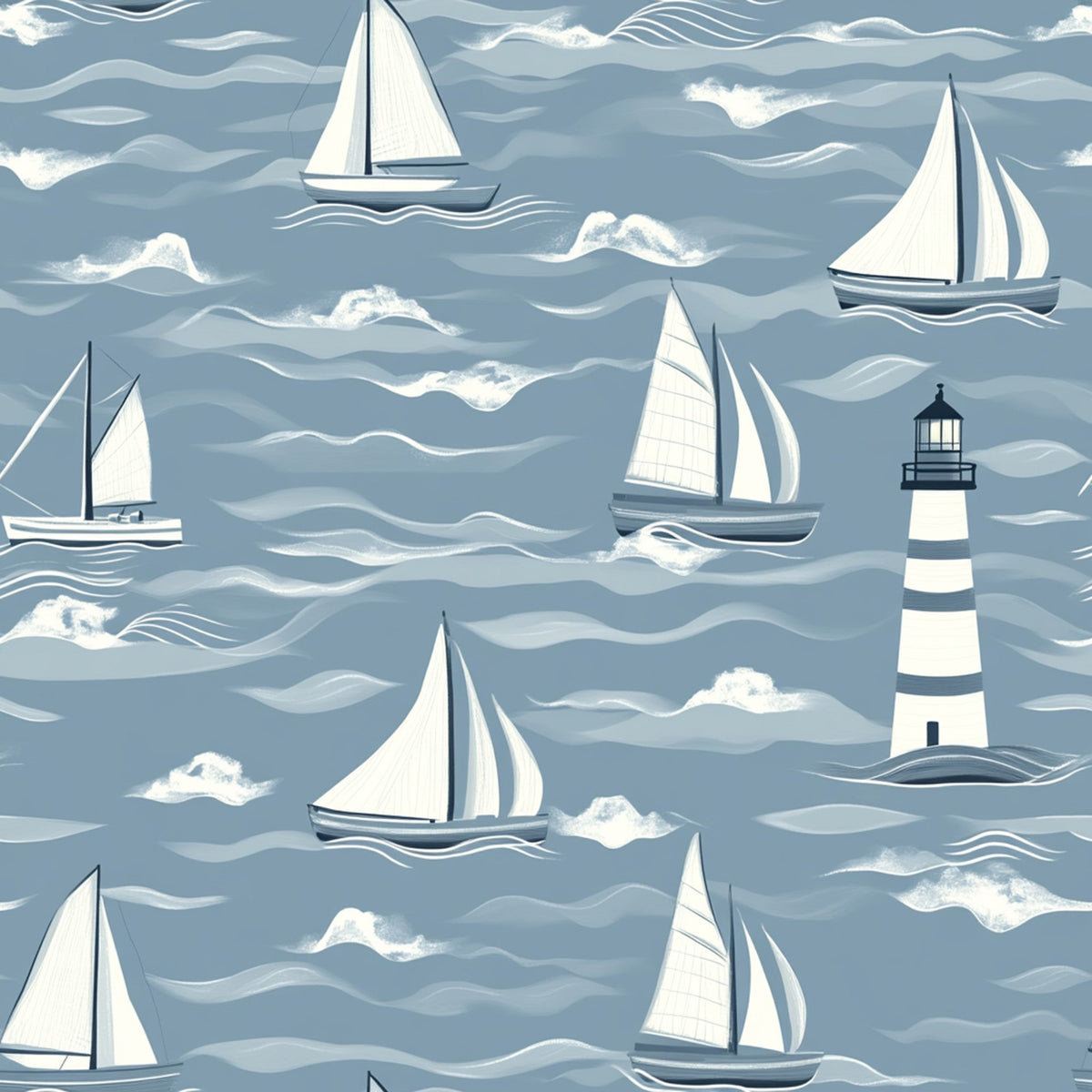 lighthouse, sailboats, nautical theme, ocean waves, blue gray, white sails, coastal scene, maritime design,, fabric panel, sailing vessels, seascape pattern, wavy lines, monochromatic blue, nautical motifs, boat pattern, lighthouse stripes, ocean fabric, marine theme, sailing pattern