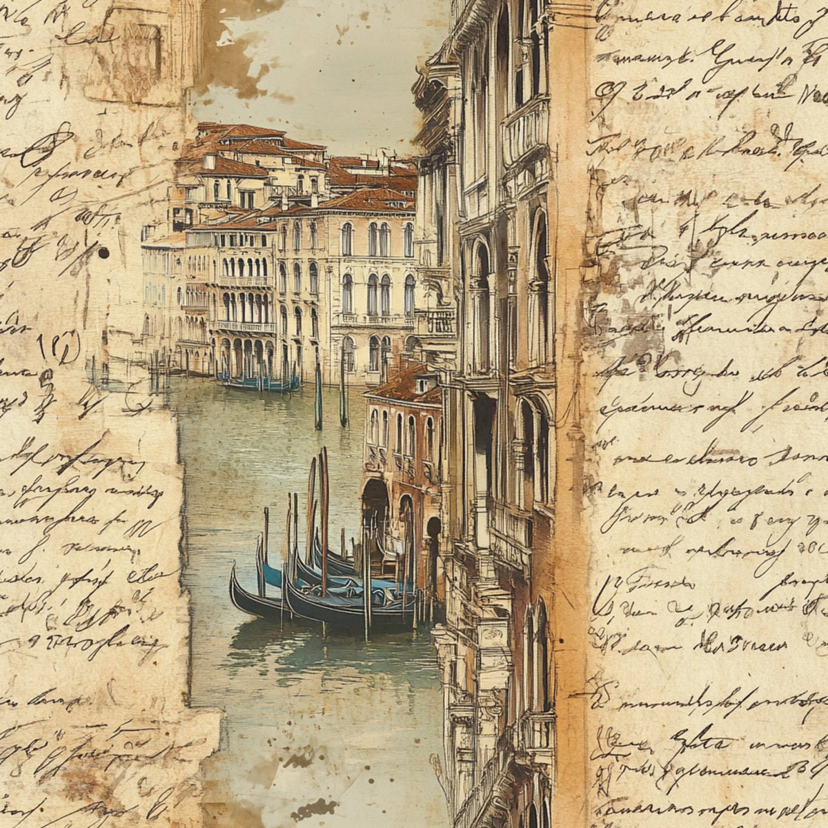 vintage postcard, venice canal, gondolas, italian architecture, handwritten script, sepia tones, aged paper, travel theme, watercolor style, ornate buildings, romantic mood,, fabric panel, antique lettering, european cityscape, nostalgic atmosphere, warm browns, cream background, artistic illustration, vintage correspondence