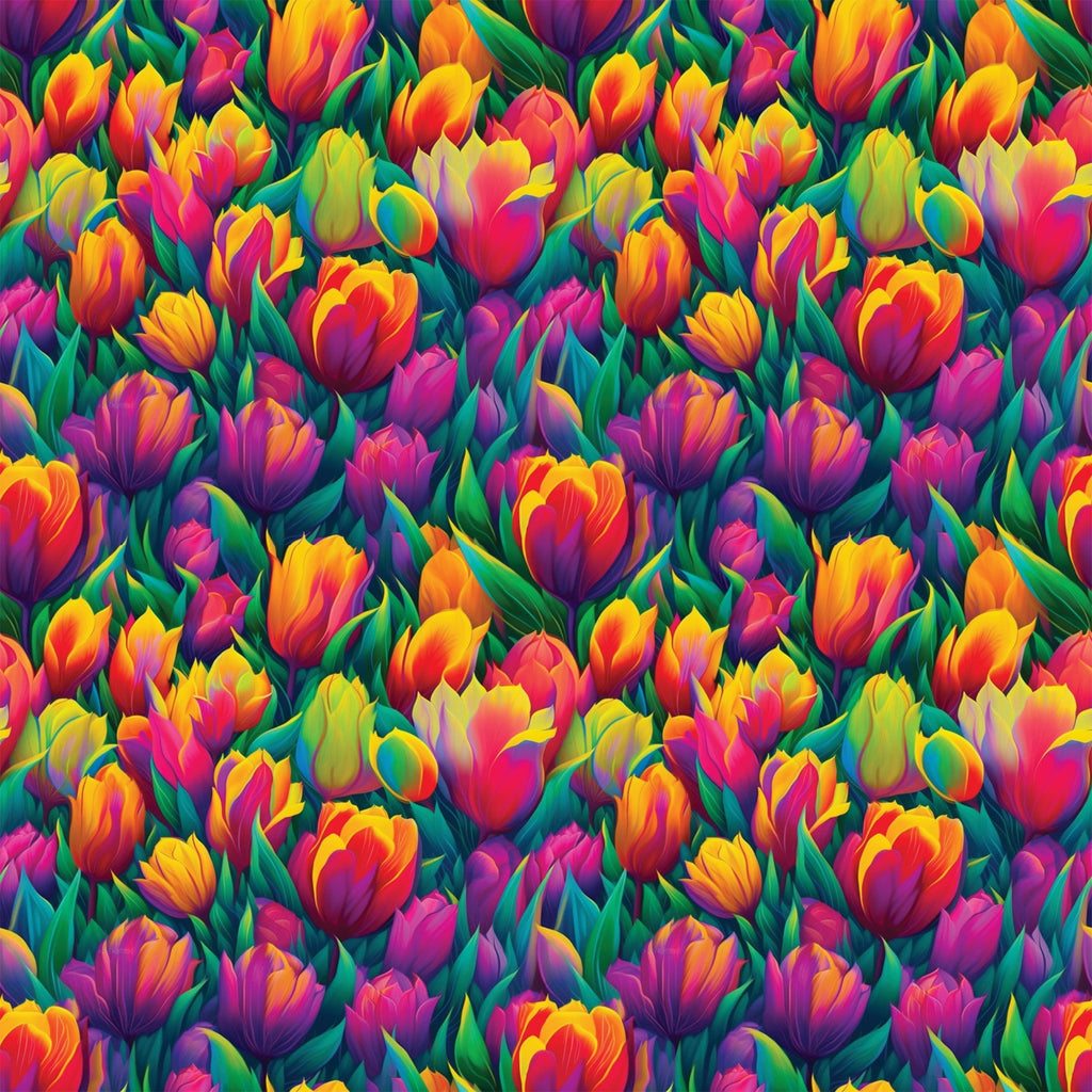 vibrant tulips, rainbow colors, floral pattern, spring flowers, bright pink, golden yellow, purple blooms, orange petals, green leaves,, fabric panel, botanical design, garden theme, colorful blooms, flower field, nature motif, cheerful mood, repeating pattern, densely packed, tulip garden